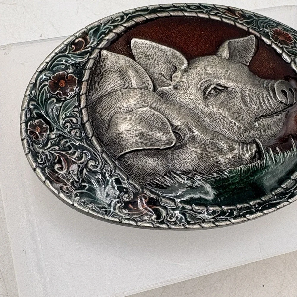 Indiana Metal Craft Silvertone Pig Pair Enamel Belt Buckle Hog VTG 1982 Y49